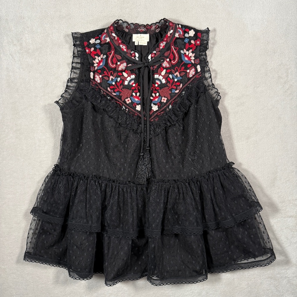 Kate Spade Blouse Womens Medium Black Camellia Embroidered Peplum Ruffle